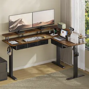 FUSOU L-Shaped Electric Standing Desk with 4 Drawers, 59 Inch Height Adjustable Office Desk with RGB Light & Power Outlet, Electric Sit Stand Corner Computer Desk with Monitor Stand, Rustic Brown