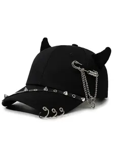 Punk Devil Horn Baseball Hat, Spiked Chain Gothic Metal Rivet Streetwear Dad Hat, Adjustable Y2K Dark Style Demon Ear Cap, High Quality Hat