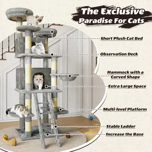 Large 70.87in Cat Tree W/2 Private Condos,3 Perches&Hanging Hammock,Skin-Friendly Short Plush&No Sharp Edges,Natural Sisal Scratching Areas,Safe & Stable for Multi-Cat Families,Kittens to Senior Cats