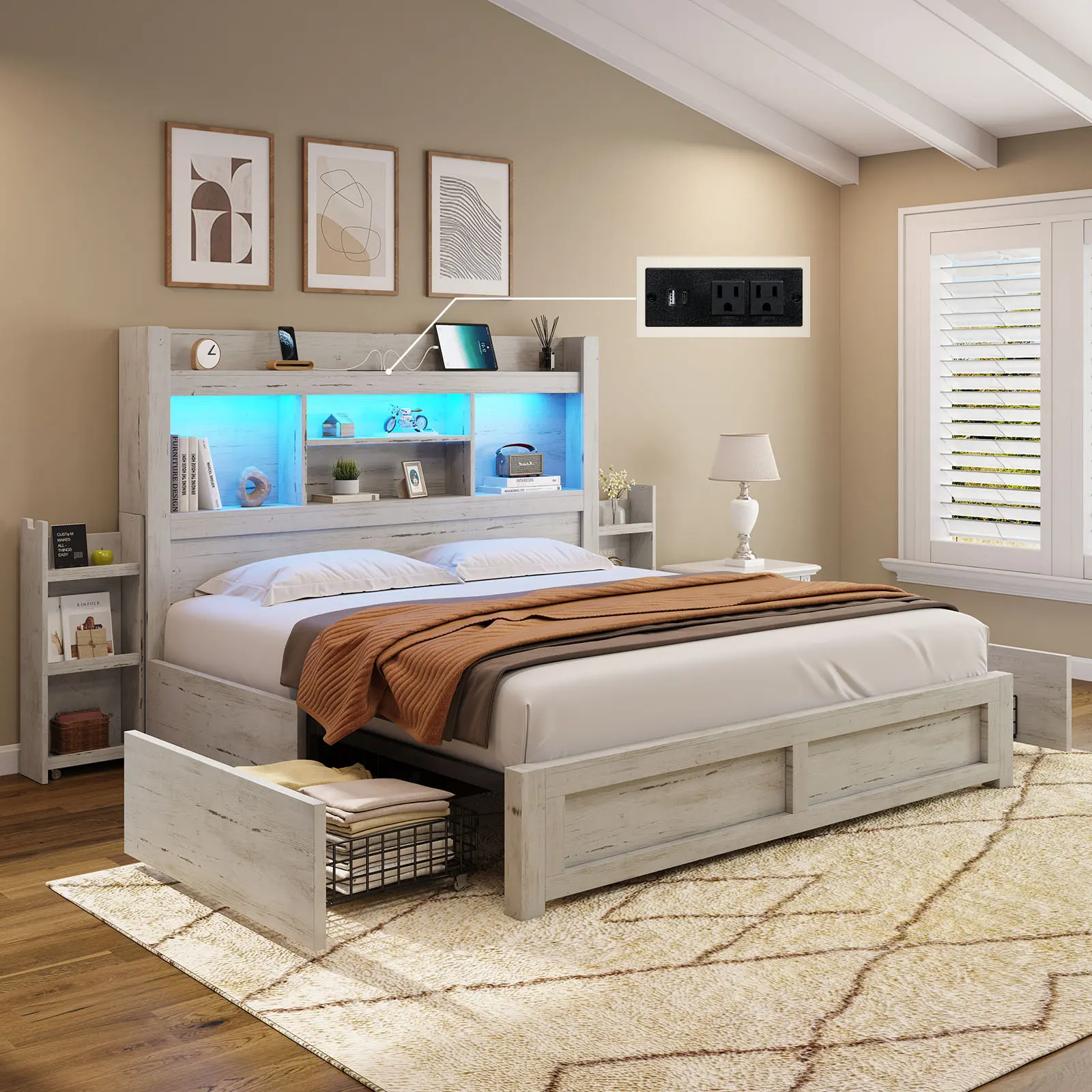[Ships in 2 Boxes] [Summerwins] [SummerFinds] AMERLIFE LED Bed Frame with 49.6"Tall Bookcase Headboard&4 Storage Drawers, Platform Bed with Charging Station&2 Slide Bedside Shelf, Apartment Furniture/Unique Bedroom Furniture/Christmas Gifts