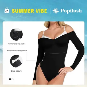 The Popilush Long Sleeve Cold Shoulder Shapewear Bodysuit