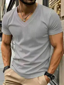 Men's Summer Outfits Solid Color Ribbed V-Neck T-Shirt for Daliy Wear, Classic Fit Short Sleeve Muscle Tee, Stretchy Casual Workout Top for Gym, Fitness & Daily Wear, Menswear