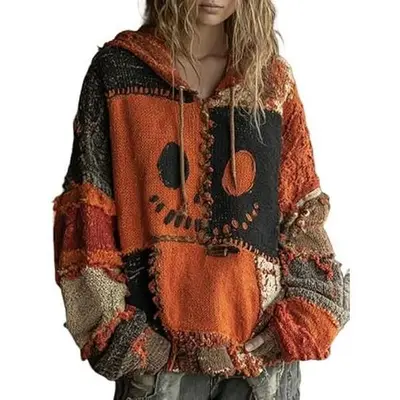 Women's Halloween Hoodie - Spooky Pumpkin Face Patchwork Print Sweatshirt, Cute & Casual Fall Festival Top