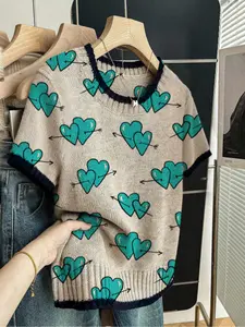 Heart Print Round Neck Sweater, Lightweight Knit Sweater, Casual Short Sleeve Knitwear for Spring Summer Fall, Comfortable Warm Women's Clothing