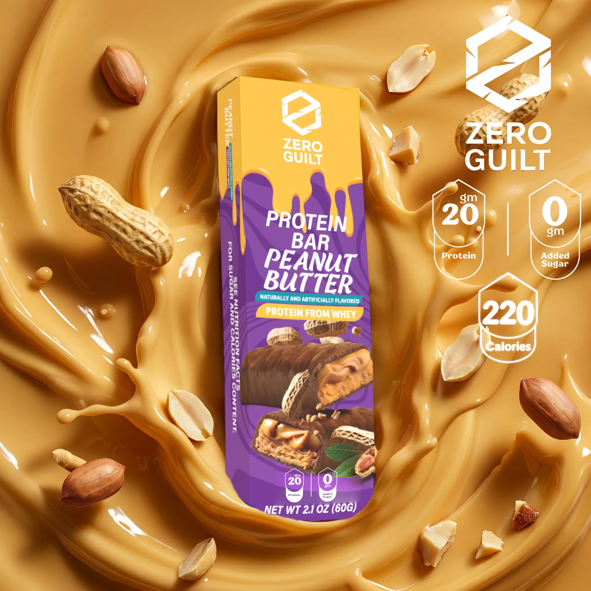 ZERO GUILT Peanut Butter 20G Protein Bar, ZERO Added Sugar, 60g Net Weight - 12 Pack, Snacks, Ready To Eat Snacks