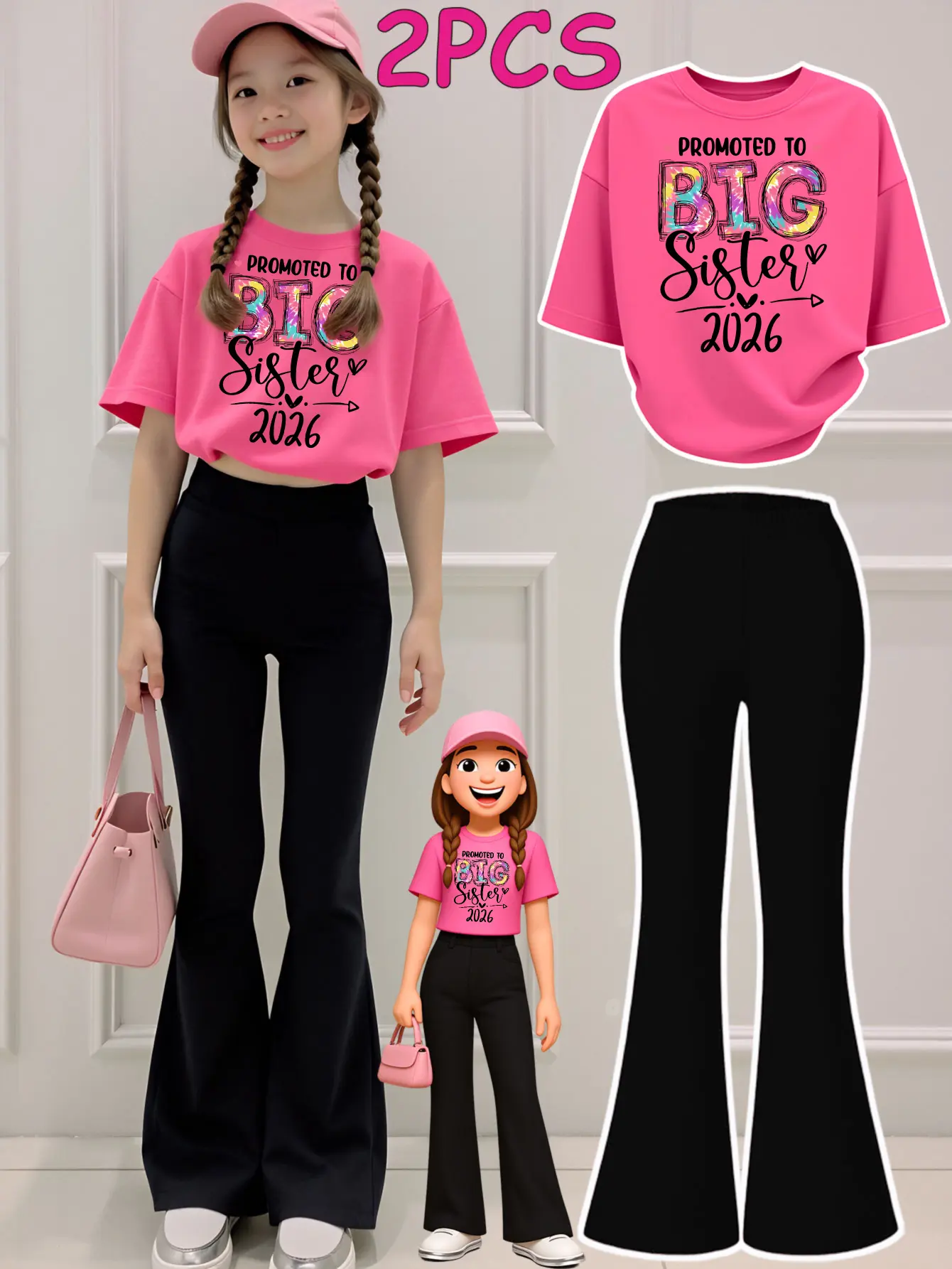 2PCS  Tween Girls Clothes T-Shirt Set  Promoted To Big Sister 2026 Print Girl Clothes Short-Sleeved Round Neck T-Shirt Bell Bottom Pants Set Perfect For Outdoor  Kids Clothes Casual Fashion Set Summer Outfits Set, Children, Cotton