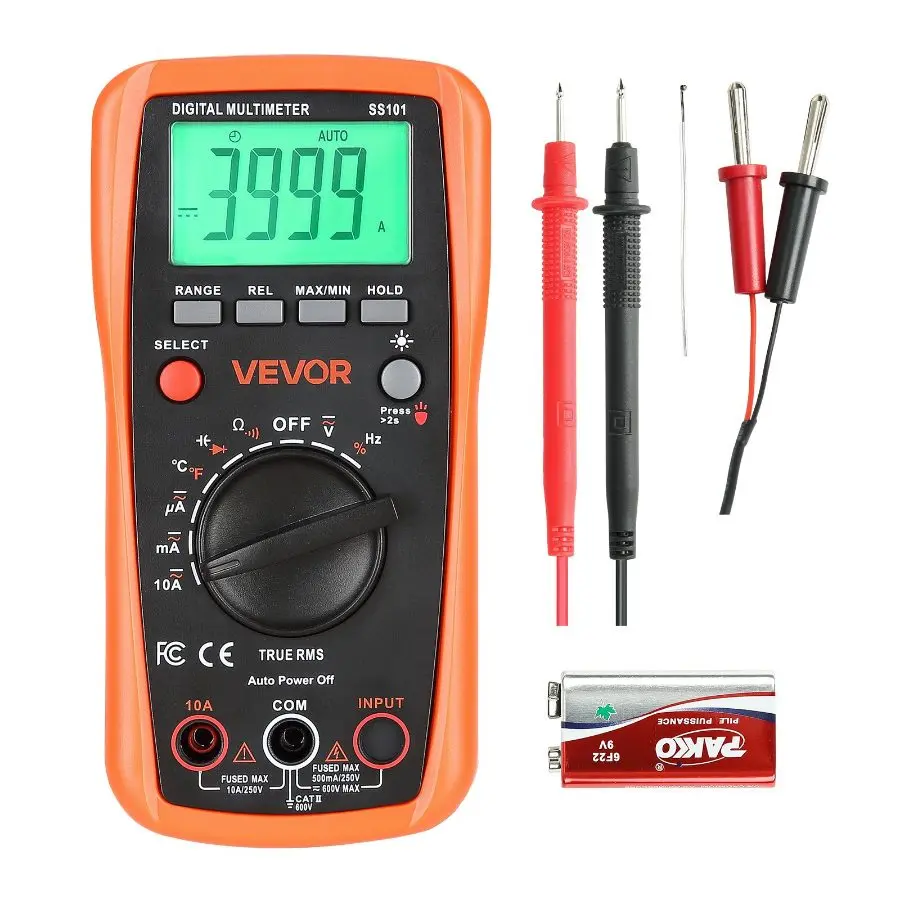VEVOR Wired Digital Multimeter, TRMS 4000-Count Auto-Ranging Device, DC/AC Voltmeter Current Tester for Voltage, Resistance, Capacitance, Temperature, Diodes, Continuity, Duty-Cycle Checks, 1 Digital Multimeter