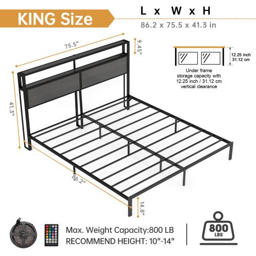 Queen Bed Frame with Mattress, RGB LED Lights & Charging Station, Storage Headboard, Modern Setup – Cama queen con luces LED y colchón