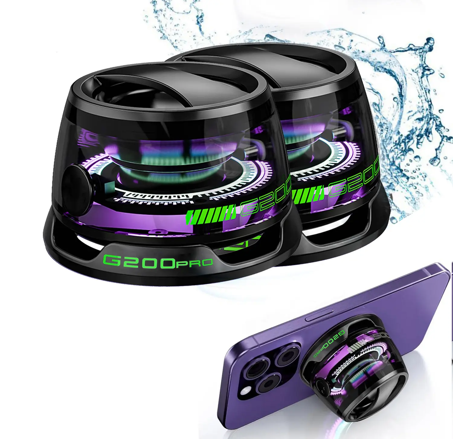 2 Pcs Compact Wireless Bluetooth Mini Speakers (Black+Black) - G200pro Audio Device with Multi RGB Color Light Show, 3D Surround Stereo Sound, TWS Pairing, Phone Stand for iPhone & Android