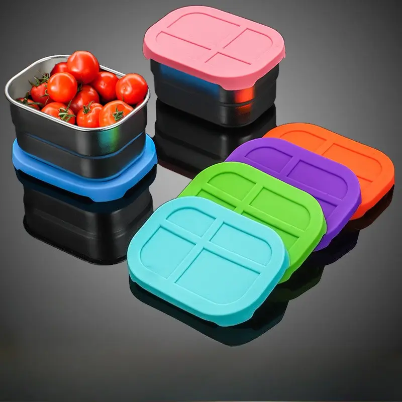 3-Pack 304 Stainless Steel Oval Kitchen Storage Dishes with Silicone Lids, Leak-Proof 8oz Small Utensils Containers for Salad Dressing, Snacks