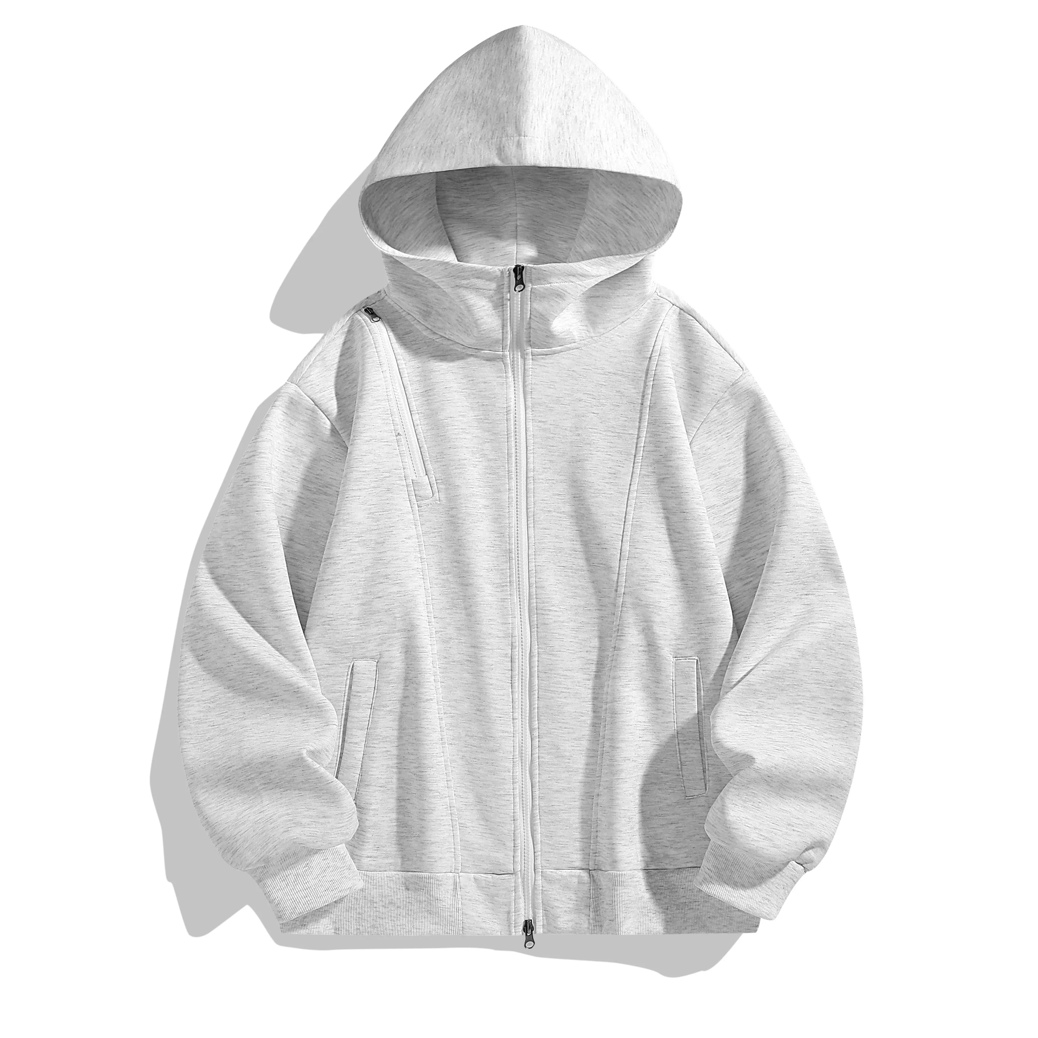 High-street style two-way zip hoodie sweatshirt featuring a side diagonally placed zipper pocket, drop-shoulder fit, skin-friendly wrinkle-resistant fabric—ideal for everyday wear, going out, and commuting; men’s trendy casual long-sleeve jacket.