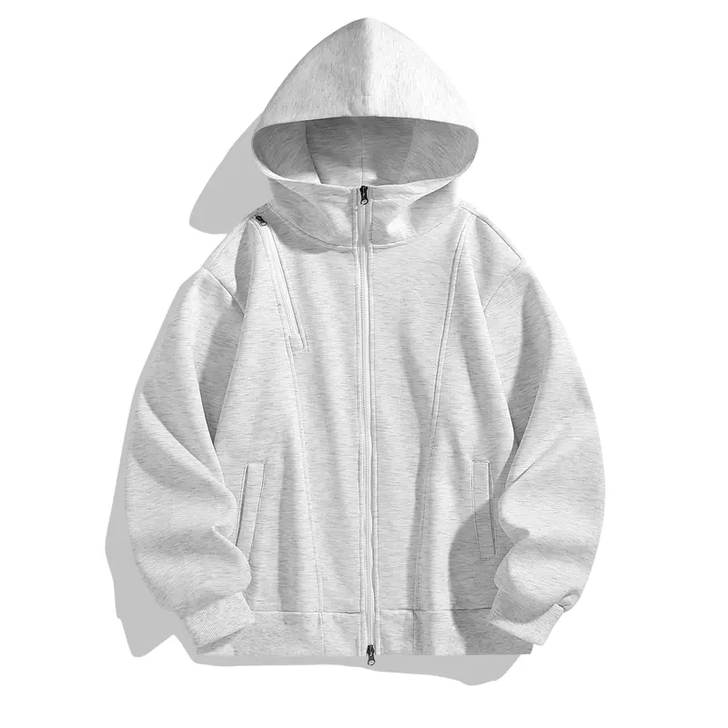 Men's Stylish High-Street Menswear 2-Way Zip Hoodie Pullover - Longsleeves Drop Shoulder Jacket, Diagonal Side Zip Pocket, Skin-Friendly Wrinkle-Free Fabric, Ideal for Everyday Wear & Commuting, Casual Male Clothing