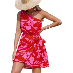 CUPSHE Women's One Shoulder Floral Print Self-Tie Short Dress Sleeveless Tiered Hem Formal & Casual Mini Dress for Summer 2025