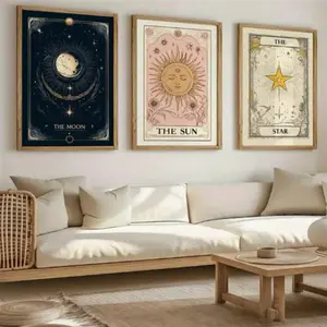 3 Pieces Optional Wooden Frame Gothic Wall Art Star Moon Sun Wall Poster Retro Print Painting Astrology Art Wall Poster Living Room Bedroom Wall Decor Bedroom Bedside Wall Pendant