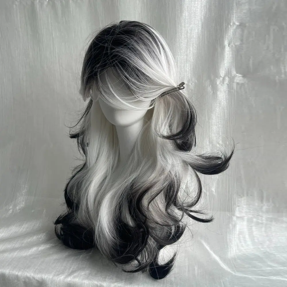 Unisex Long Black Ombre White Colored Wig - Fluffy, Heat-Resistant Synthetic Cosplay Wig, Fluffy Synthetic Wigs