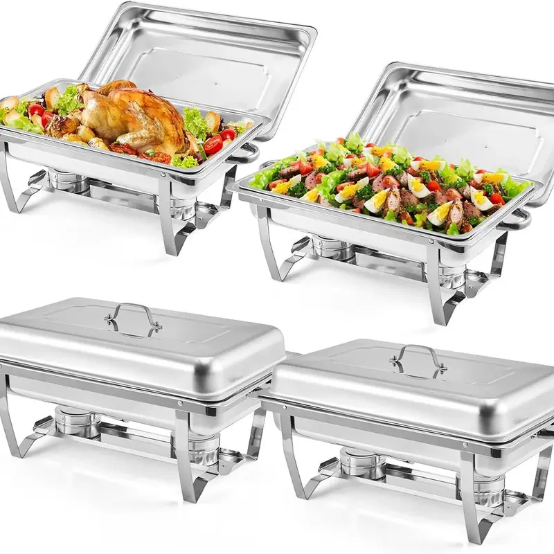 4-Pack 8-quart Stainless Steel Chafing Dish Set - Indoor Buffet Warmers with Lids, Serving Trays, Pans, Anti-Scald Handles, Portable Aluminum Containers, Easy Setup, Foldable Frame - Modern Kitchenware for Large-Scale Events, Delightful Dining Experience
