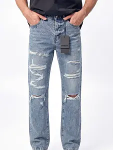WEEHOURS WK06 Vintage Destroyed Jeans – Structured Relaxed Fit Denim   Natural Long Menswear  Pants Classic Fashion Fabric