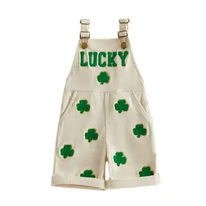Unisex Toddler St. Patrick's Day Casual Clover Print Outfit - Polyester Fabric Lucky Clover Overalls & Jean Shorts, Summer Baby Clothing