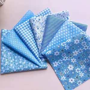 7-Piece DIY Blue Cotton Fabric Set for Crafts & Sewing Projects, Doll Clothes Making Supplies, Floral Embroidery Patterns Included