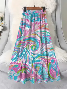 Plus Size Women's Colorful Swirl Print A-Line Skirt, Casual Loose Fit Long Skirt for All Seasons, Comfortable Daily Wear High Waist Skirt