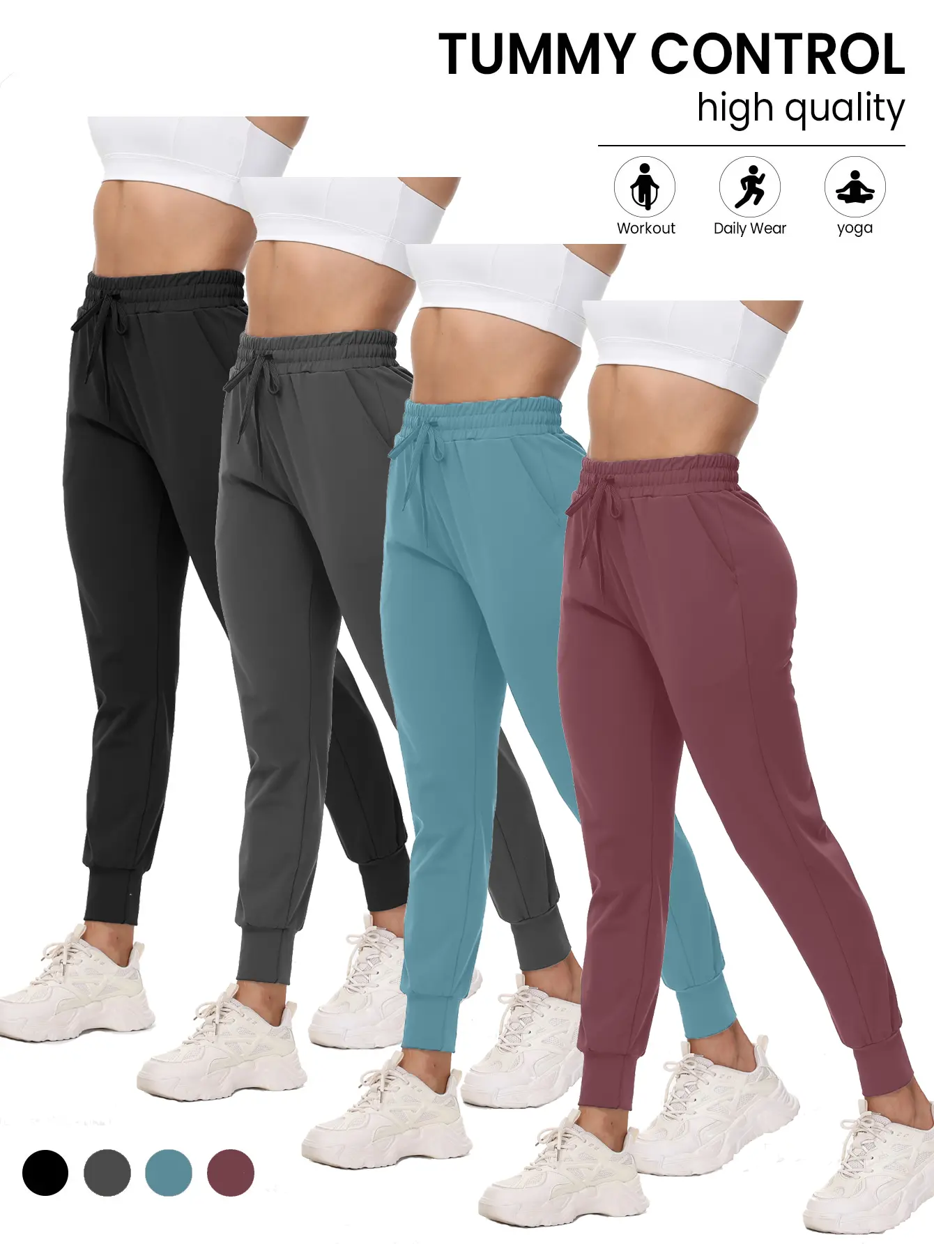 Women's 4-Pack Athleisure Fitness Pants - Casual Loose Elastic Waist Joggers, Side Pocket Streetwear Athletic Trousers, Lightweight Soft Stretch for Workouts, Lounging, Casual Loose Joggers, Elastic Waist Jogger, Side Pocket Joggers