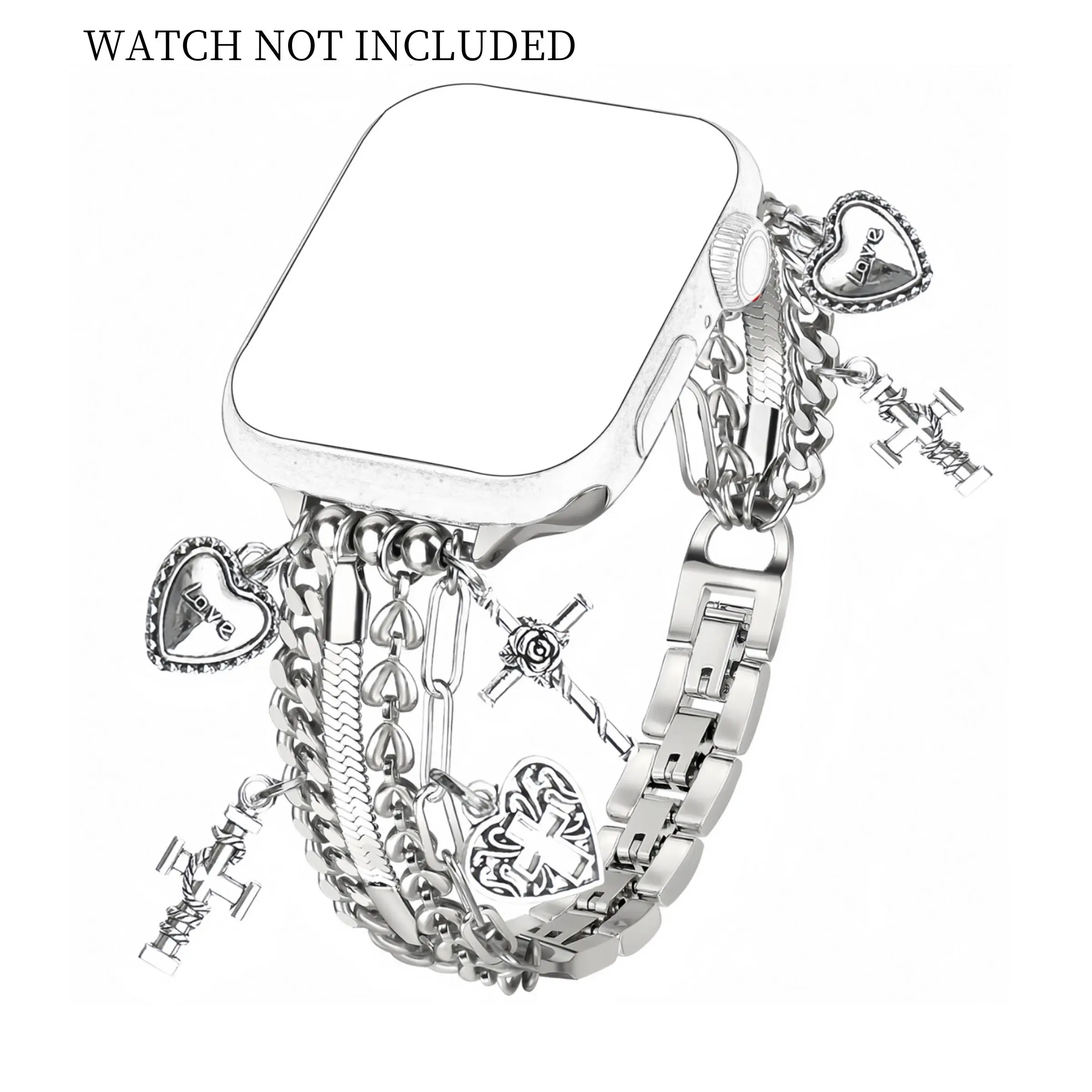 Fashion metallic Watch Band, Cuban Chain Watch Band with Shiny Cute Heart Pendant, Wearable Accessories Compatible with for iWatch Series 10 9 8 7 6 5 4 3 SE Ultra 2, Smartwatch Compatible Bands, Smart Watch Straps