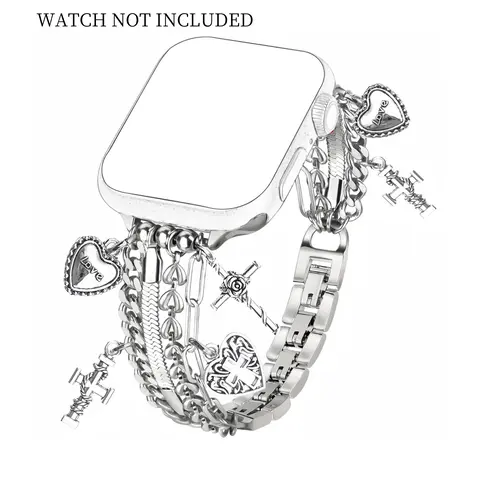 Fashion metallic Watch Band, Cuban Chain Watch Band with Shiny Cute Heart Pendant, Wearable Accessories Compatible with for iWatch Series 10 9 8 7 6 5 4 3 SE Ultra 2, Smartwatch Compatible Bands, Smart Watch Straps (Band Only)
