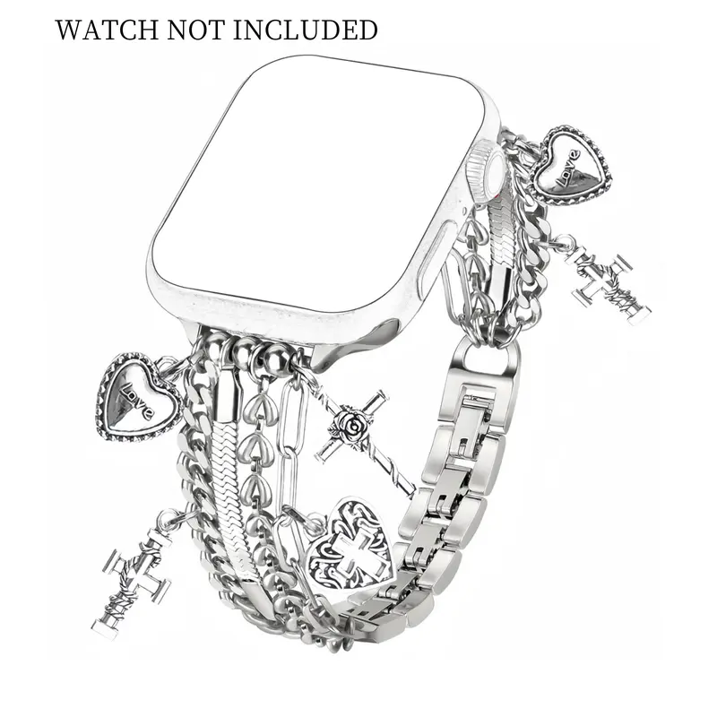 Fashion metallic Watch Band, Cuban Chain Watch Band with Shiny Cute Heart Pendant, Wearable Accessories Compatible with for iWatch Series 10 9 8 7 6 5 4 3 SE Ultra 2, Smartwatch Compatible Bands, Smart Watch Straps (Band Only)