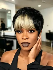 Short Layered Human Hair Pixie Wig Highlight Ombre with Bangs Glueless Full Machine Made for Women