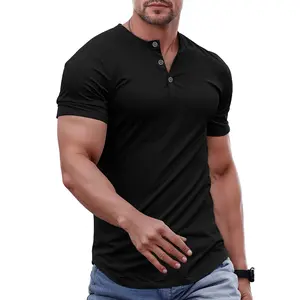 Men's Plain Muscle Slim Fitted Henley Shirts Crewneck Longline T-Shirt Gym Workout Athletic Shirt Tees with Button Menswear Casual Tops,Men's Classic Streetwear Clothing for Daily Wear, Summer Fashion Outfits 2025,men gifts