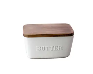 Acacia Wood Lid Porcelain Butter Dish White Embossed Pattern Stylish Functional Kitchenware Natural Ceramic Material