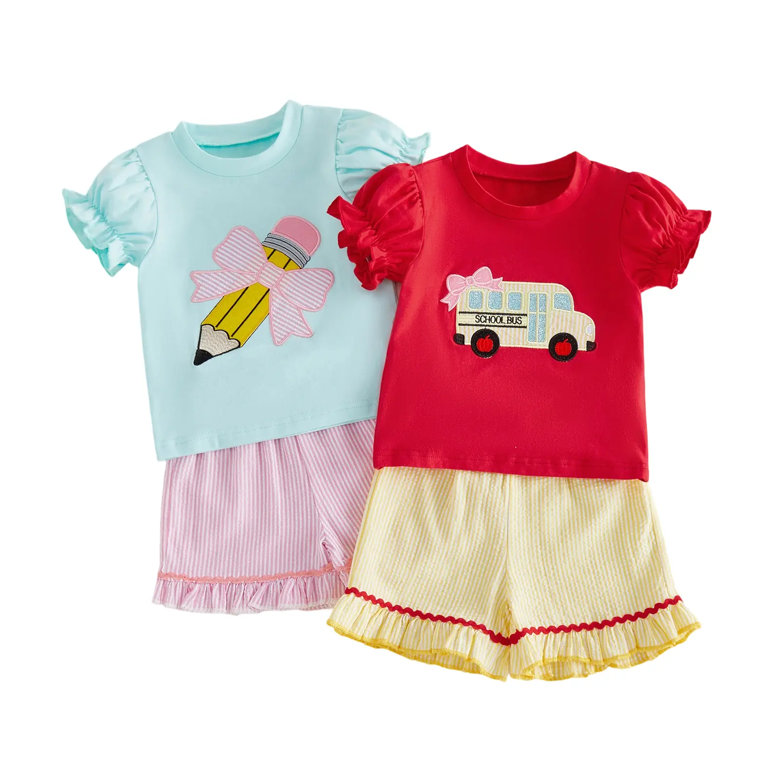 Toddler Baby Little Girls Back to School Outfits Bow Bus Embroidery Short Sleeve Tops and Striped Shorts Set 1-6 Years