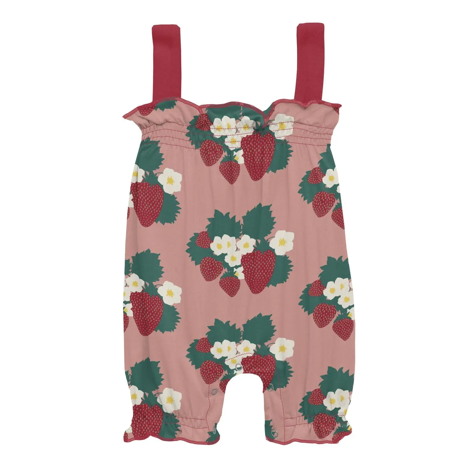 Print Gathered Romper in Blush Strawberry Farm