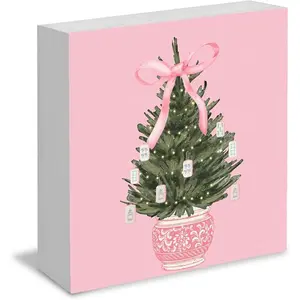 Pink Chinoiserie Mahjong Christmas Tree Wood Box Table Signs, Coquette Christmas Decor, Preppy Bow Xmas Mahjong Tree Wooden Signs for Home Bedroom Desk Shelf Table Decor, 5x5 Inch