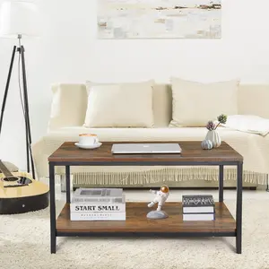 Zeny 2-Shelf MDF Wood Coffee Table with Metal Frame - Rustic Brown Retro Rectangle Industrial Living Room Indoor Furniture, Industrial Wooden Table, Living Room Tables