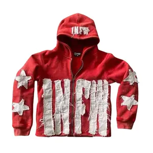 INFW Retro Patch Embroidered Hoodie - Vintage Distressed Red Sweatshirt with Star Graffiti - Hip Hop Casual Style Oversized Men's Cardigan for All Seasons, Perfect for Parties and Relaxed Outfits - Fashionable Heavyweight Men's Hoodie" Hockey  Crewneck