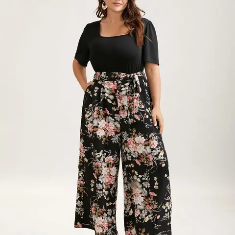 BloomChic Color Contrast Belted Panel Pockets Jumpsuit 【M-6XL】