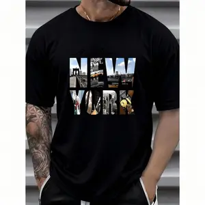 Cotton Short Sleeve  T-Shirt 100% Cotton New York Graphic Tee for Men - Casual & Comfortable Round Neck T-Shirt with Iconic NYC Skyline Print, Machine Washable, Summer Wear