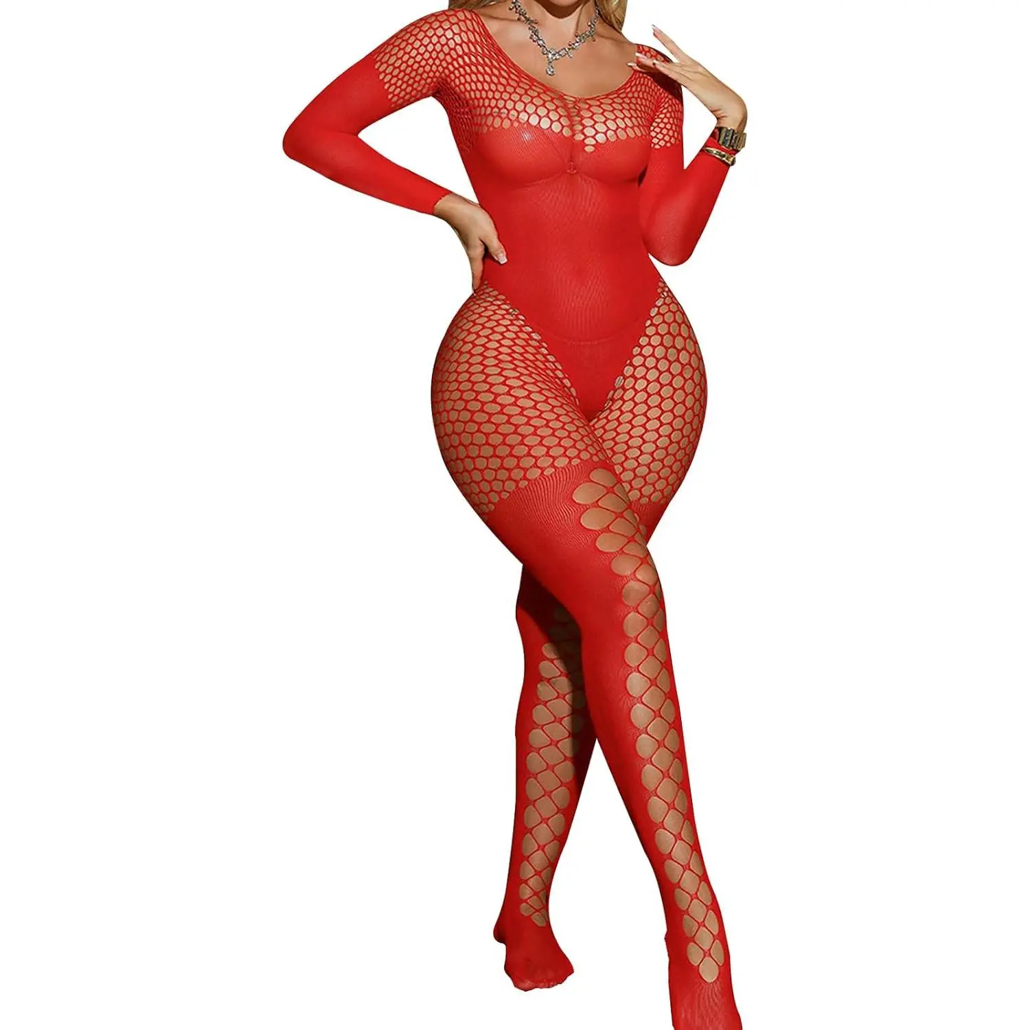 FRENZCOY Women's Lingerie Fishnet Mesh Long-Sleeve Full-Length Bodysuit, One Size Bodysuit for Women