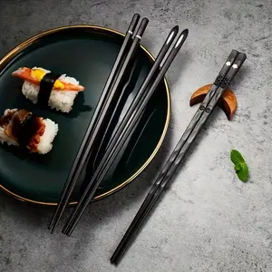Stainless Steel Chopsticks Set of 5 - Reusable Korean Metal Chopsticks, Non Slip Textured Grip Dishwasher Safe Heat Resistant Black Silver Alloy Chop Sticks for Sushi Ramen Noodles, Elegant Dining Utensils Gift for Home Restaurant