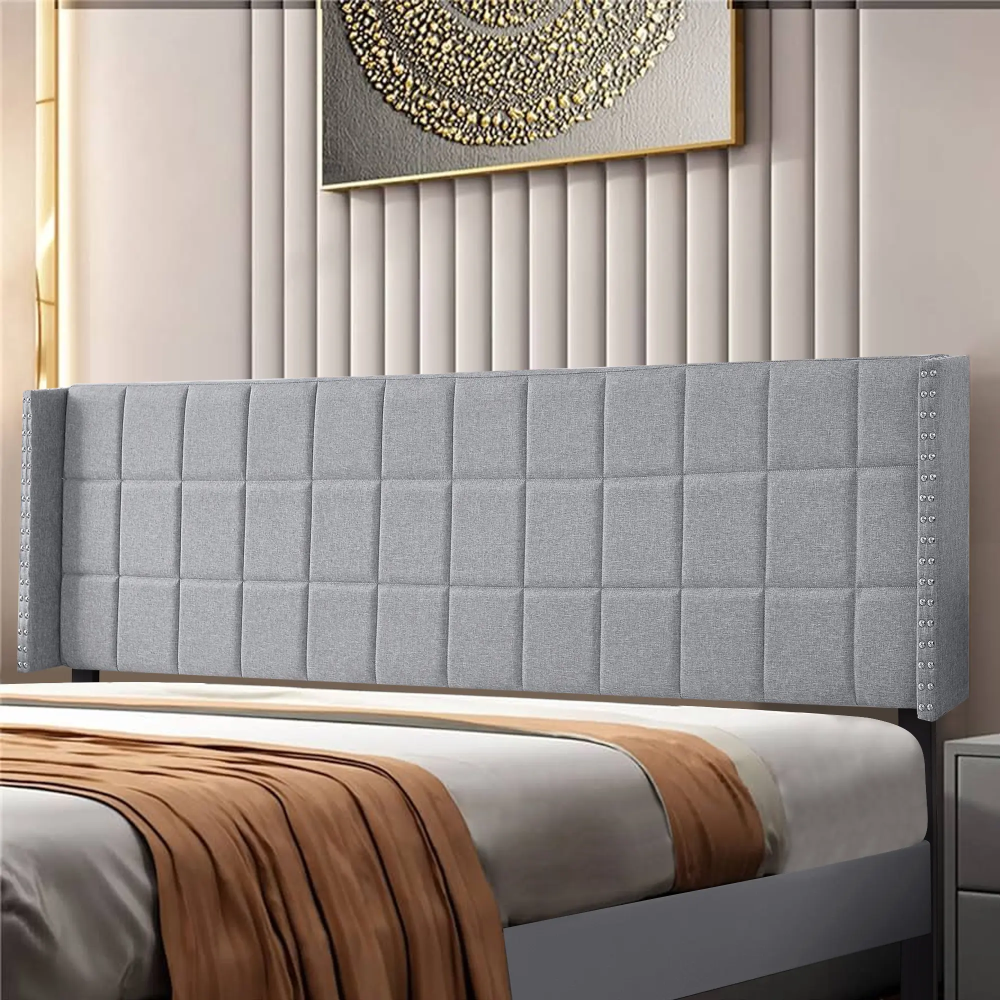 VECELO Mid-Height Upholstered Headboard - Linen Tufted - Padded Polyester - Height Adjustable from 40" to 49.8" - Easy to Assemble - Bed Frame or Wall Mount - Sturdy - Gray Beige - Full/King Size