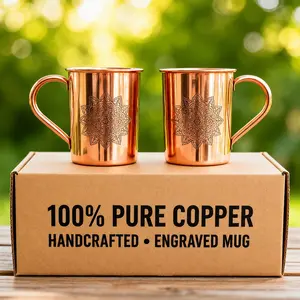 Set of 2 Etched Pure Copper Mugs, Handmade Engraved Copper Cups