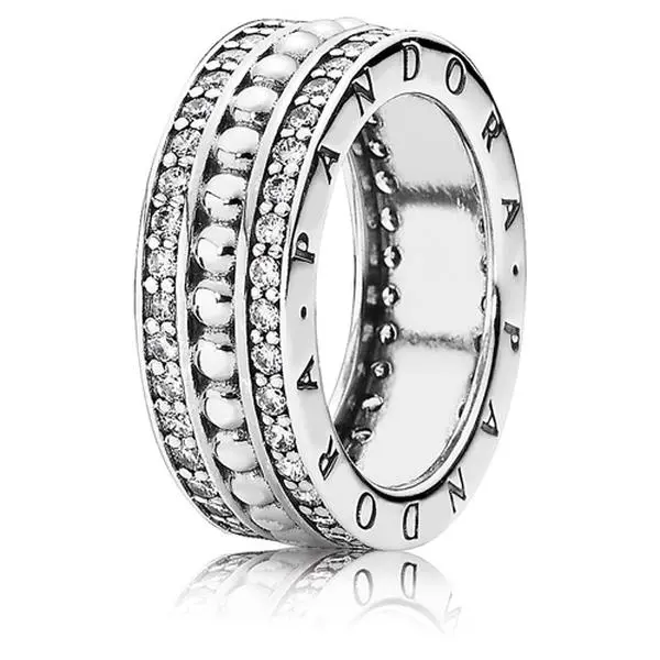 PANDORA Forever 925 Stamp Sterling Silver Beaded Engraved Twin Lines Ring, Women's Cubic Zirconia Jewelry, Size 48 (190962cz-48), Forever Series, Band, Engraved Logo