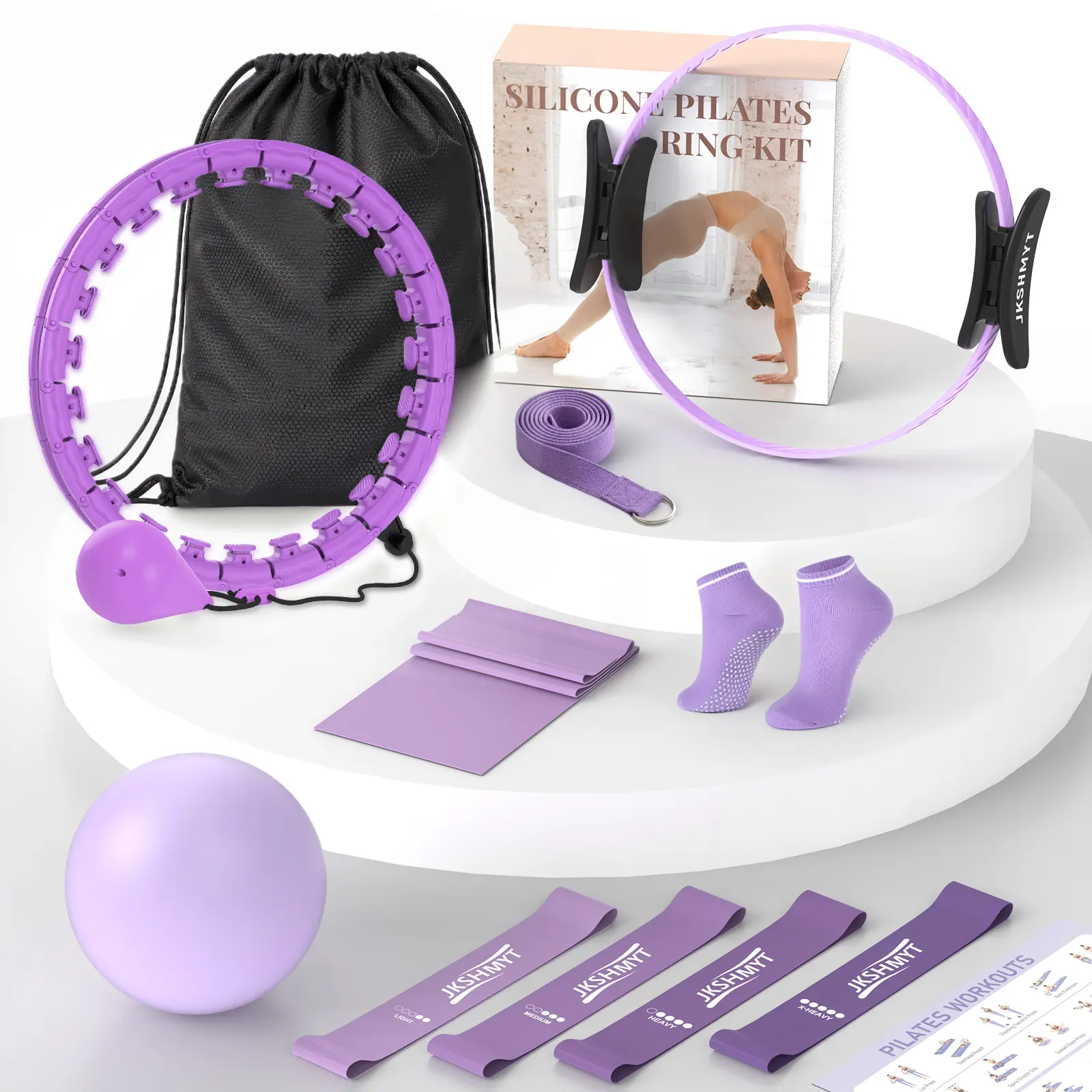 JKSHMYT exercise Circle , Home Workout Pilates Kit, Pilates Equipment for Home Workouts,includes Pilates Ring, Ball, Resistance Bands,Yoga Strap,Yoga Ring & Grip Socks