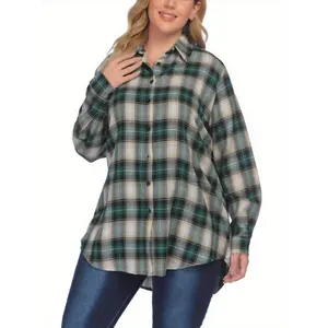 Women's Plus Size Plaid Flannel Shirts - 100% Polyester Fabric, Lapel Collar, Button-Top, Cotton-Blend Feel, Regular Length, Comfortable Fit, Long Sleeve, Spring/Fall Casual Wear