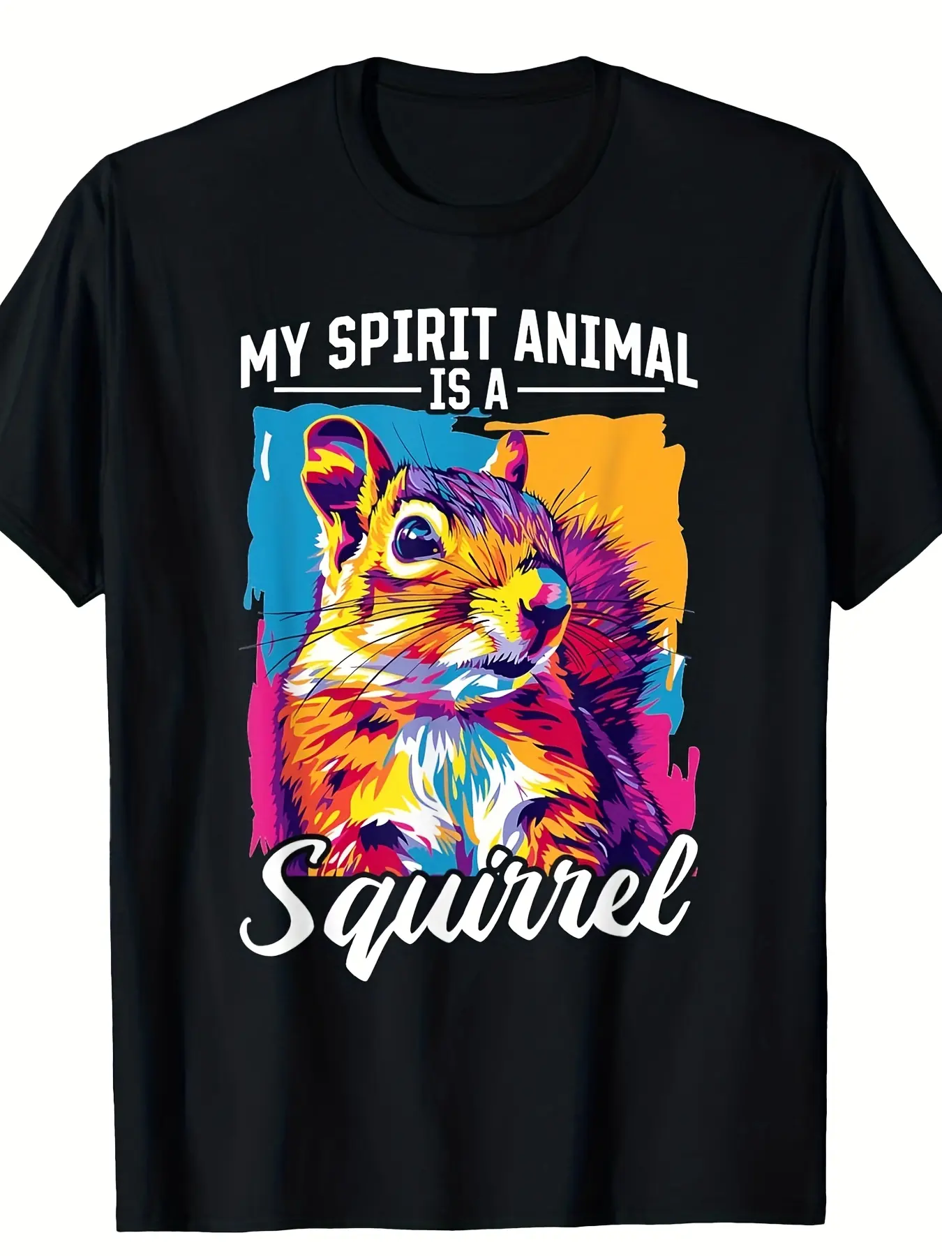 Men'S Funny Squirrel Spirit Animal Graphic T-Shirt -  Retro Bold "My Spirit Animal Is A Squirrel" Print with Color Splash Design, Glossy Finish Crew Neck Short Sleeve Tee for Casual, Parties, Beach & Outdoor Activities - All-Season Comfortable F