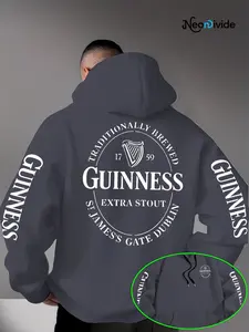 Trendy Men's Guinness Print Hoodie, Drawstring Kangaroo Pocket Design, Loose Fit, Lightweight Knit, Fall Winter Streetwear