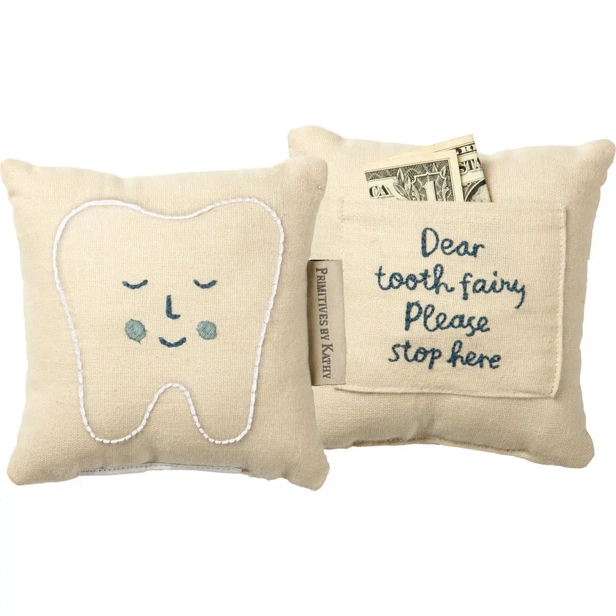 Linen Standard Pillow with Pocket - Soft, Cute Farmhouse-Inspired Embroidered Design, Pocket for Tooth, Tooth Fairy Surprise, Kids' Keepsake Gift for Child's Room