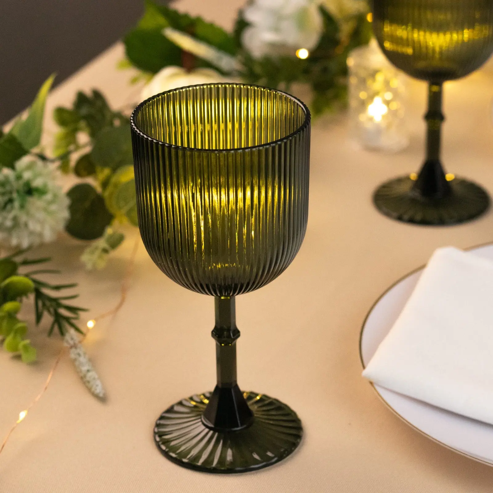 12-Pack Plastic Wine Glasses - Hunter Emerald Green, 9oz Vintage Ribbed Drinkware Glass, Reusable Shatterproof Goblets