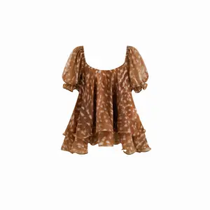 Cider Chiffon U-neckline Deer Print Tie Back Ruffle Puff Sleeve Blouse